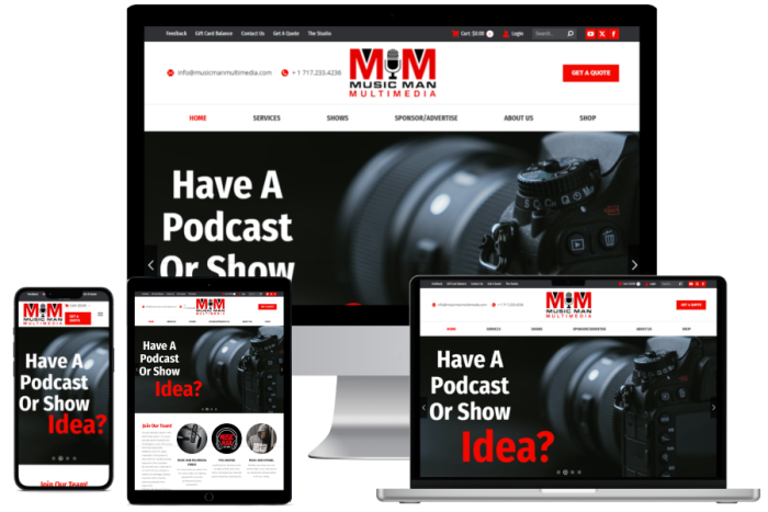 Music Man Multimedia responsive website mockup displayed across desktop, tablet, and mobile devices, featuring podcast and show production services — designed with VTG Virtual Tasks Group brand-aligned web strategy and digital presence systems.
