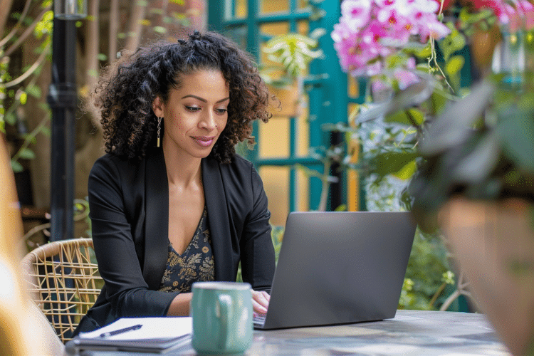 A focused entrepreneur working on a laptop in a serene outdoor setting, showcasing Virtual Tasks Group's support for remote business solutions and entrepreneurial empowerment.