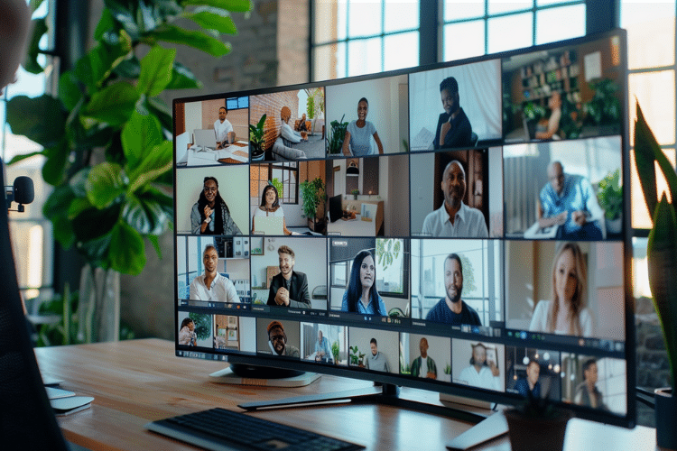 A large virtual meeting with diverse professionals on screen, highlighting Virtual Tasks Group's capabilities in remote work expertise and digital transformation services.