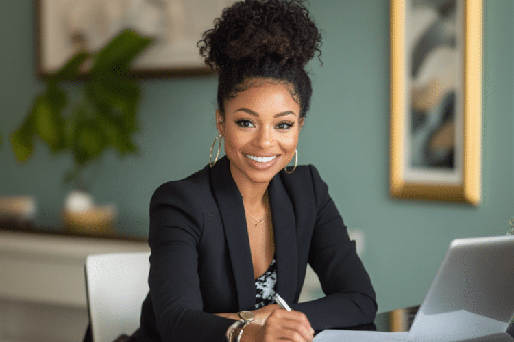 A smiling businesswoman working at a desk with a laptop, exemplifying Virtual Tasks Group's expertise in business strategy development, customized business solutions, and digital presence management.