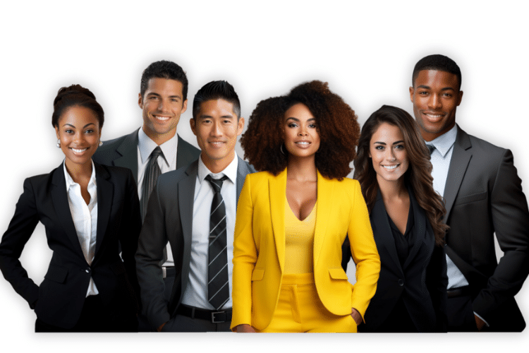 A diverse group of six professionals in business attire, showcasing Virtual Tasks Group's commitment to innovative business solutions, strategic business consulting, and entrepreneurial empowerment.