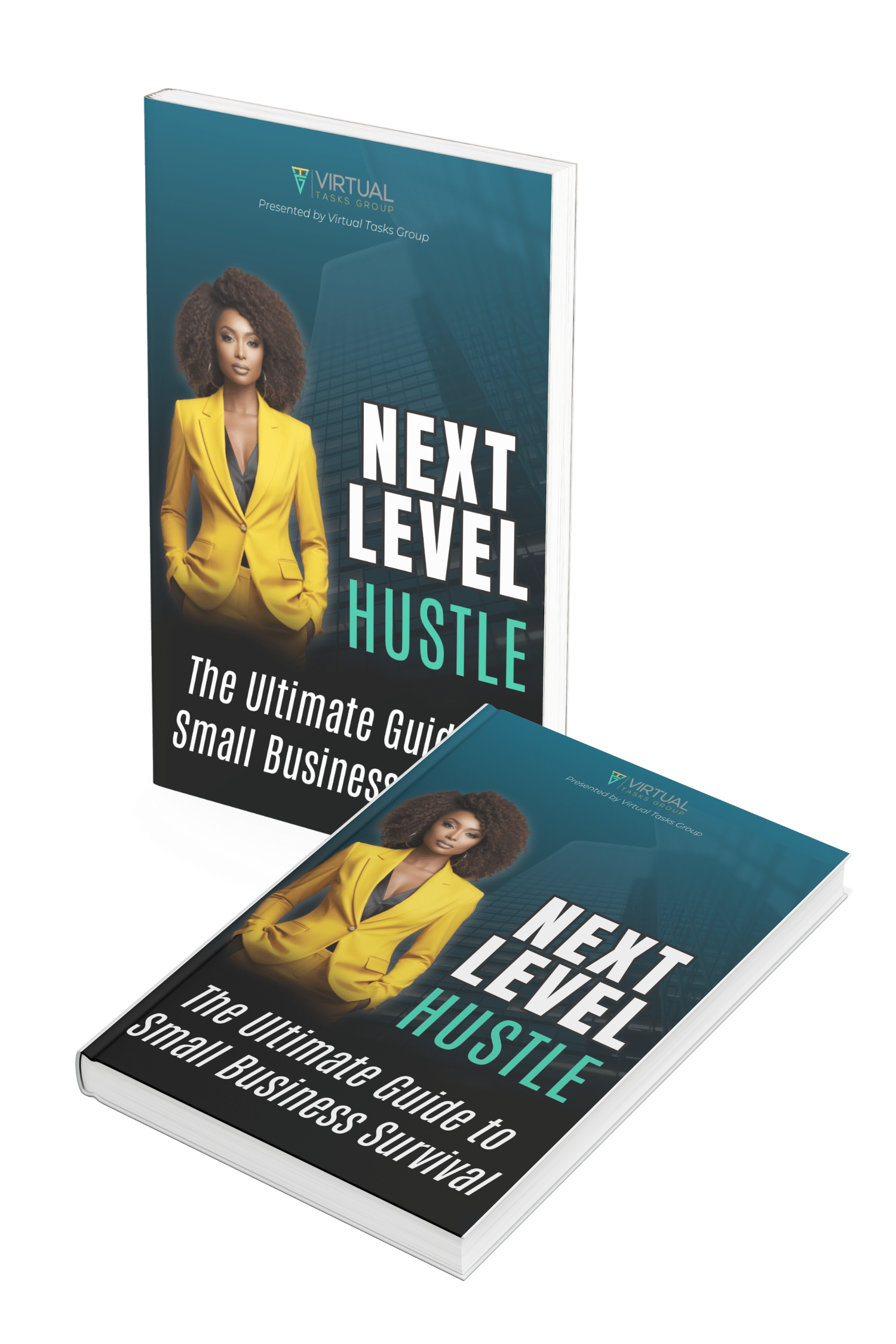 Two copies of the 'Next Level Hustle' book, titled 'The Ultimate Guide to Small Business Survival,' presented by Virtual Tasks Group, symbolizing entrepreneurial empowerment and innovative business solutions.