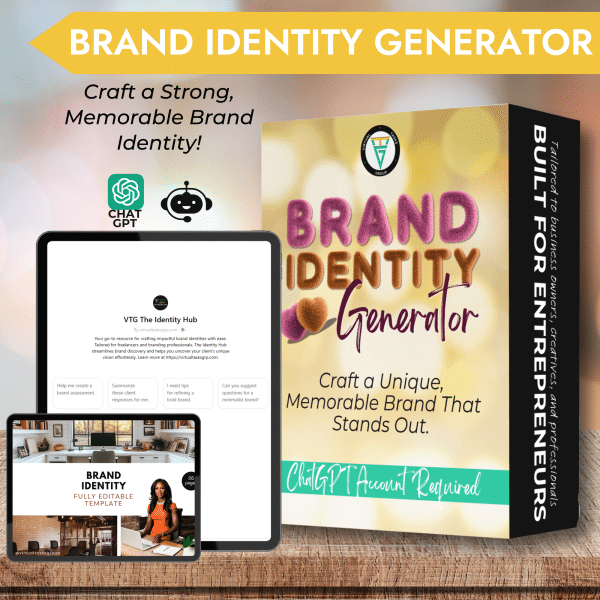 The Virtual Tasks Group (VTG) The Identity Hub is an AI-powered brand identity generator that helps entrepreneurs, small business owners, and creatives refine logos, fonts, and colors. Includes an editable Canva branding template and an expert branding assessment tool.