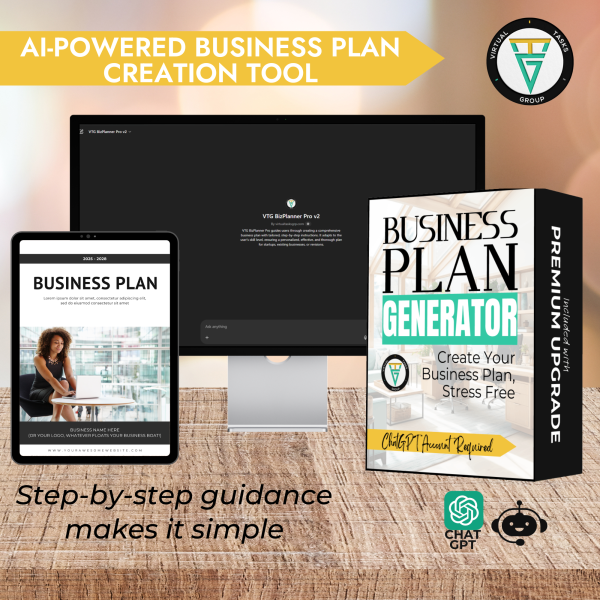Polished promotional display of VTG’s startup business planning bundle for Canva. Developed by Virtual Tasks Group, this vibrant layout promotes a customizable business plan for coaches and consultants. Perfect for anyone needing a sleek, editable business plan template Canva or a reliable AI business plan generator.