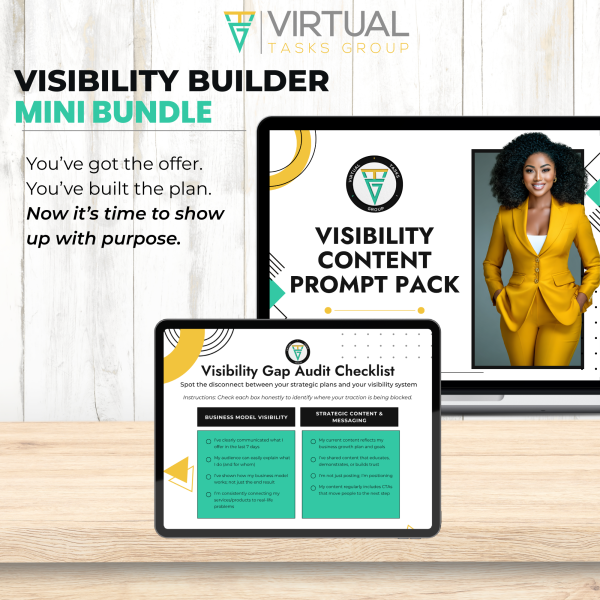 VTG (Virtual Tasks Group) Visibility Builder Mini-Bundle product image showing a laptop displaying the "Visibility Content Prompt Pack" and a tablet with the "Visibility Gap Audit Checklist." This digital product helps entrepreneurs and coaches with strategic content creation and personal brand visibility.