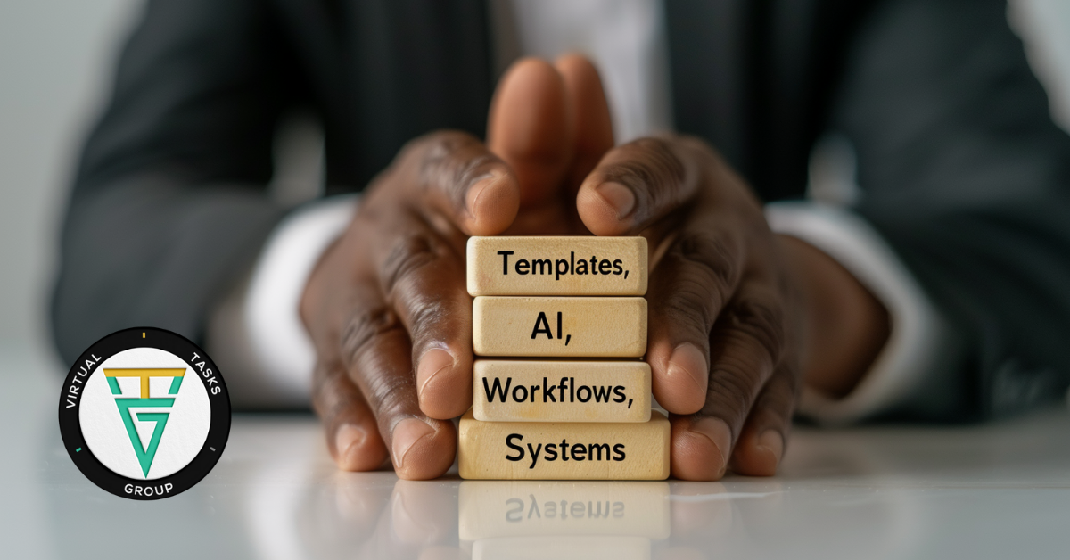 Hands holding stacked blocks labeled templates, AI, workflows, and systems, representing business systems for entrepreneurs who want to stop starting from scratch, replace chaos with structure, and build sustainable operations that support long-term growth.