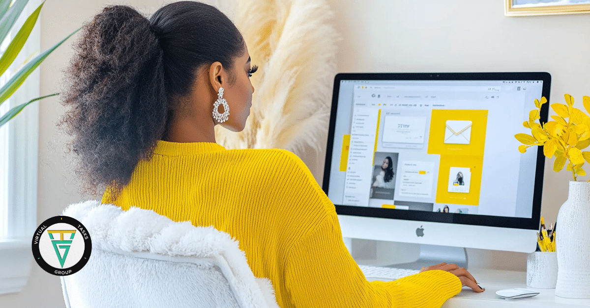 Black woman entrepreneur working at a desk designing systems on a computer, illustrating the content visibility trap and the shift toward building sustainable visibility systems that reduce burnout, replace daily posting pressure, and support long-term business growth.