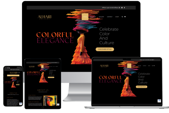 Luxury responsive website mockup for ALHARI Gallery featuring bold African inspired fashion artwork, colorful elegance branding, and modern ecommerce design displayed across desktop, tablet, and mobile devices. Website design and digital branding created by VTG, Virtual Tasks Group, highlighting culture, art, and high end visual storytelling.