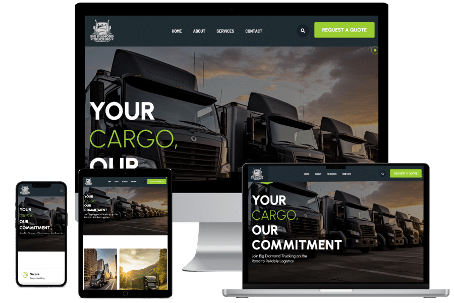 Responsive logistics company website mockup for Big Diamond Trucking featuring fleet transportation imagery, bold typography, and service focused layout across desktop, tablet, and mobile devices. Professional trucking and logistics website design developed by VTG, Virtual Tasks Group for transportation businesses.