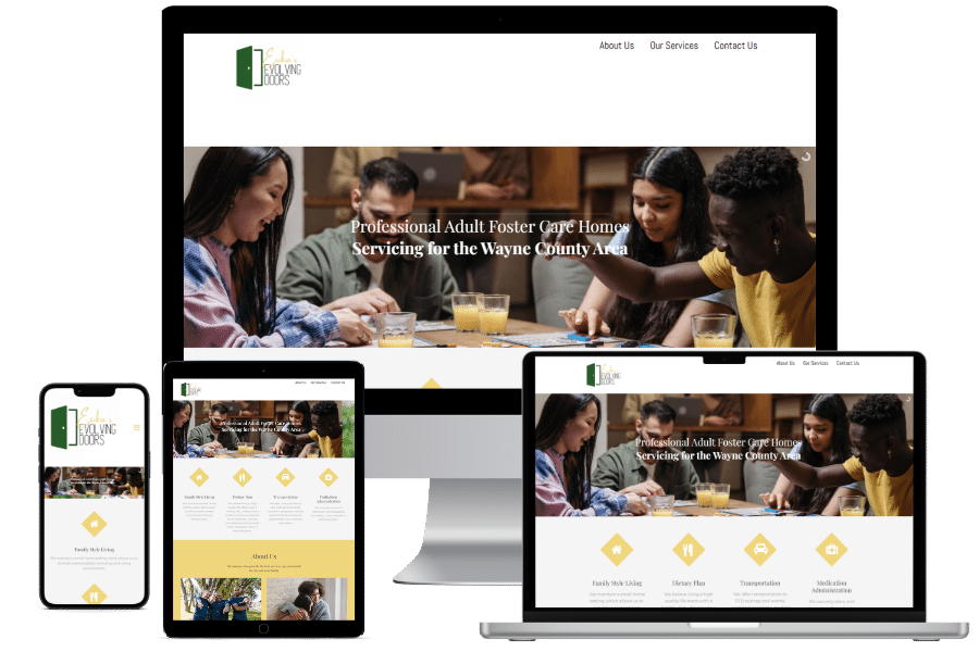 Professional responsive website design for Erika’s Evolving Doors adult foster care organization serving Wayne County, shown across desktop, tablet, and mobile devices. Clean nonprofit website layout with service icons and community imagery created by VTG, Virtual Tasks Group to support care services and community engagement.