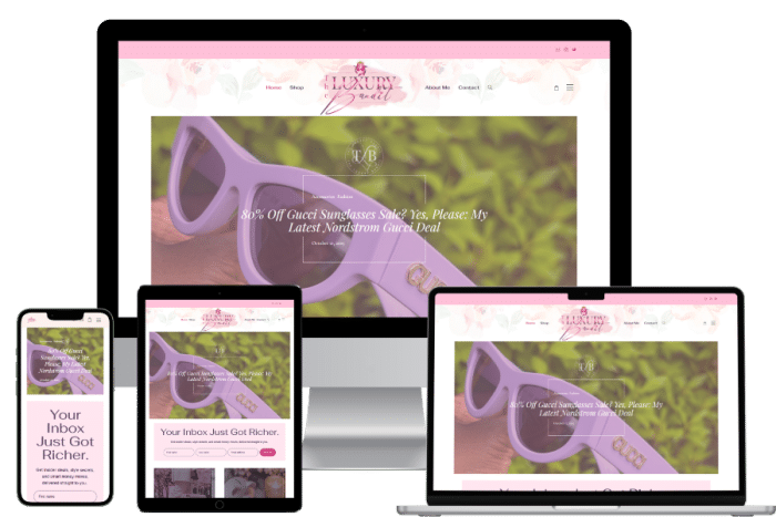 Elegant lifestyle blog and ecommerce website mockup for The Luxury Bandit featuring luxury fashion content, Gucci sunglasses promotion, and feminine pink branding across desktop, tablet, and mobile screens. Digital website design and brand styling developed by VTG, Virtual Tasks Group for fashion and lifestyle creators.