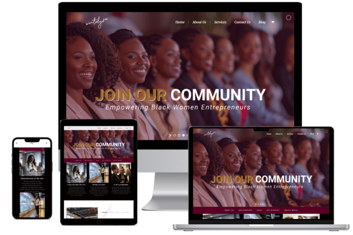 Modern community focused website design for Writely So empowering Black women entrepreneurs, displayed across desktop, tablet, and mobile devices. Professional website layout with bold typography and inspirational imagery created by VTG, Virtual Tasks Group to support community building and business empowerment.